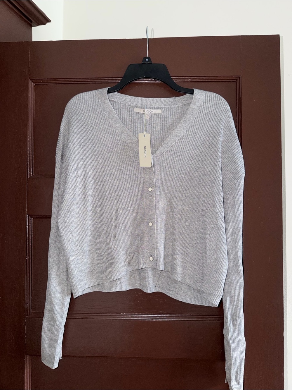 Hudson Jeans Light Gray Ribbed V-Neck Button Cardigan